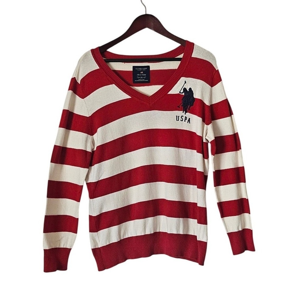 U.S. Polo Assn Red White Striped V Neck Sweater 2X Plus Preppy Rugby Nautical